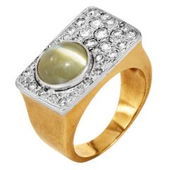 Vintage Cat's Eye Diamond 18K Gold Signet Men Ring