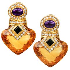 Estate Citrine Multi Gem Heart 18K Gold Statement Drop Earrings|Dover Jewelry|