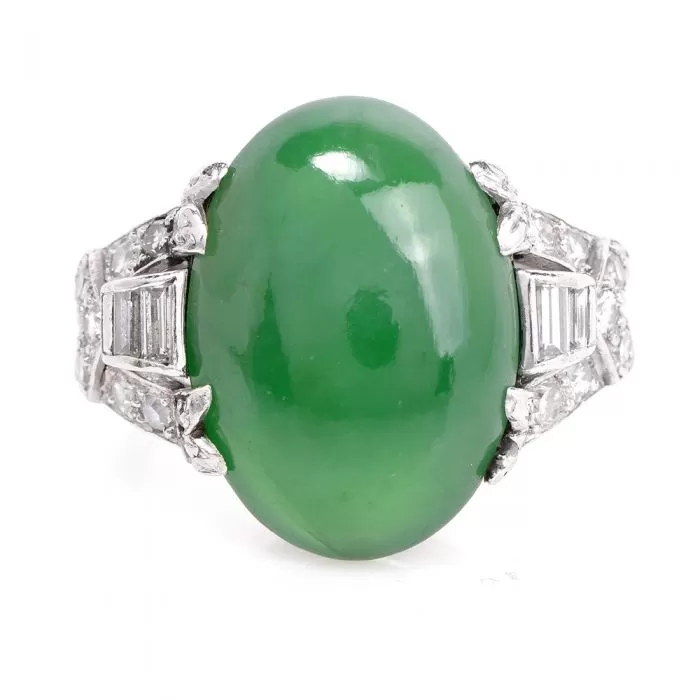 Antique GIA 10.22cts Natural Cabochon Jade Diamond Platinum Ring