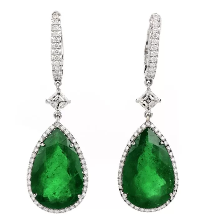 Certified GIA Pear Colombian Emerald Diamond 18 Karats Gold Dangle Drop ...