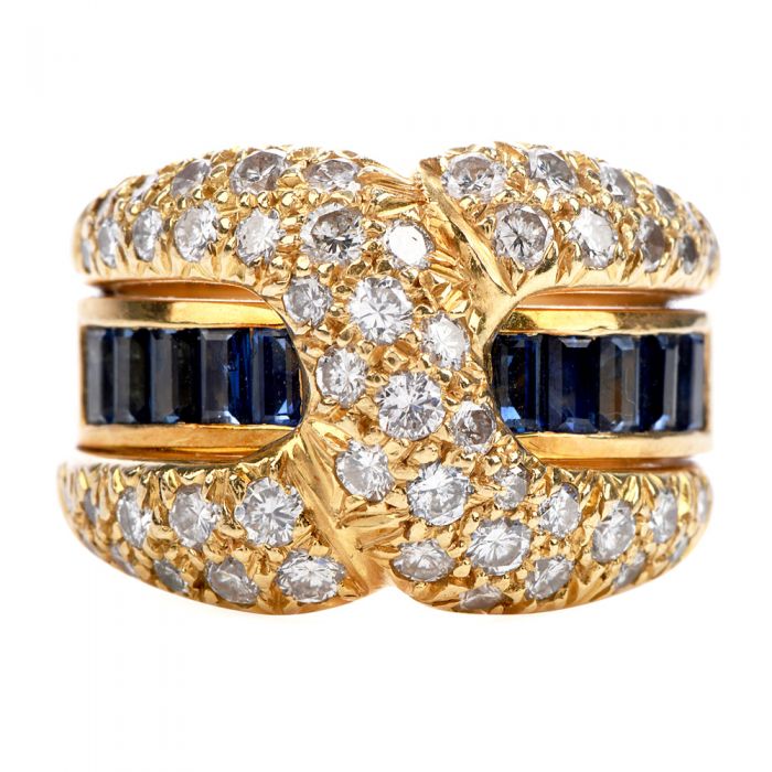 Estate Retro Diamond Sapphire 18k Gold 'x' Band Ring