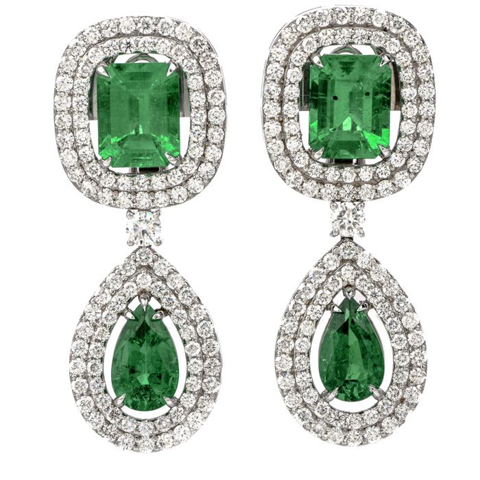 18.08 carats Diamond Colombian Emerald 18K Gold Halo Drop Earrings