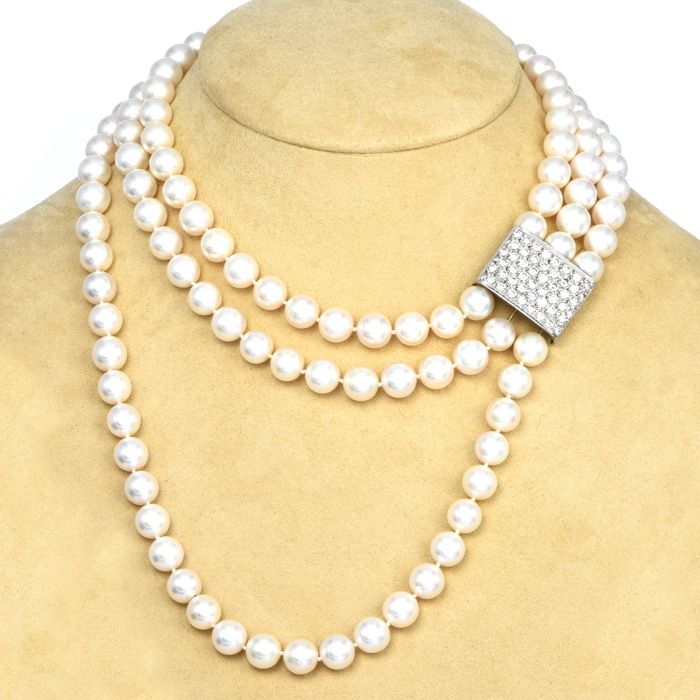 Double Strand Cultured Pearl Necklace Custom 18K Gold Clasp