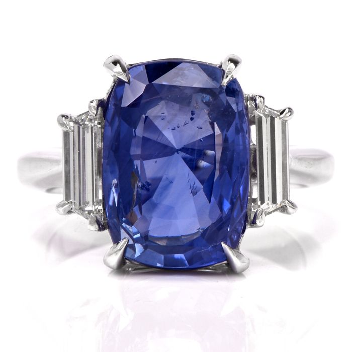 Estate Natural No Heat Ceylon Sapphire Trapezoid Diamond Platinum Ring