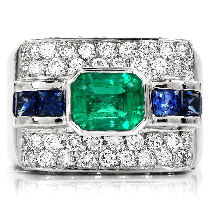 Emerald Blue Sapphire Diamond 18K White Gold Rectangular Cluster Cocktail  Ring